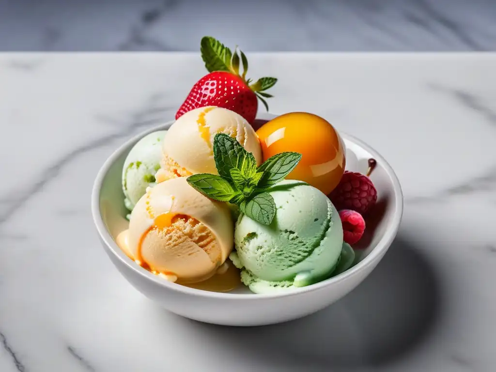 Exquisitos helados veganos caseros en bol de vidrio, decorados con frutas frescas y hojas de menta en una elegante encimera de mármol