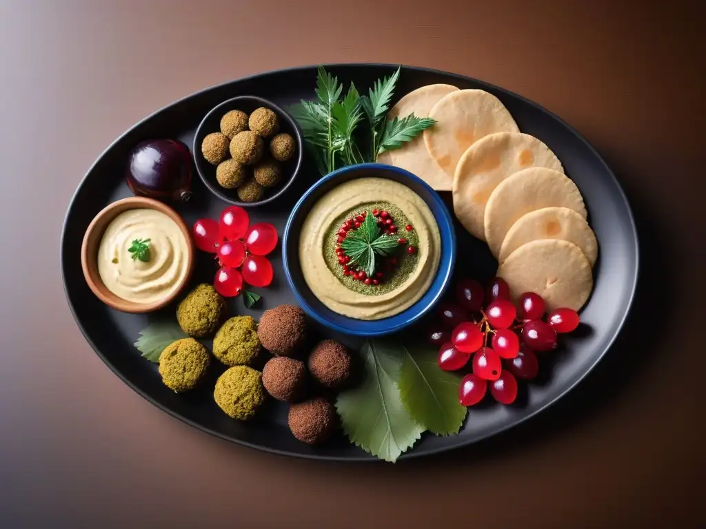 Exquisitos platos veganos mediorientales en un plato mezze vibrante y colorido