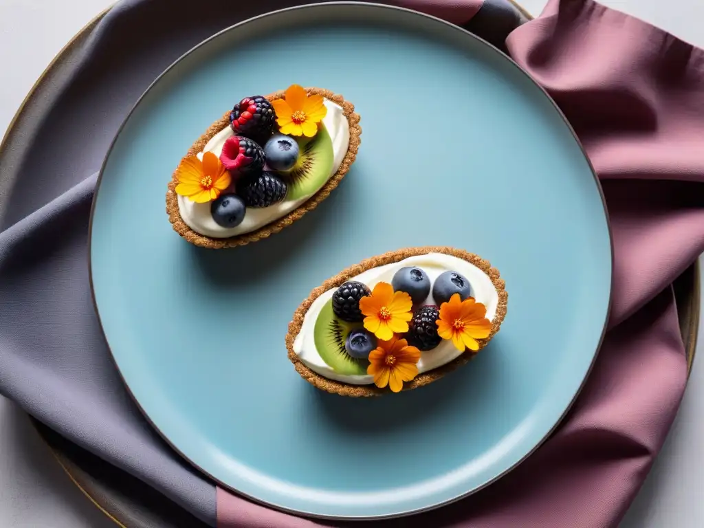 Exquisitos postres veganos sin gluten en plato elegante, con mousse de aguacate, panna cotta de coco y galletas de almendra