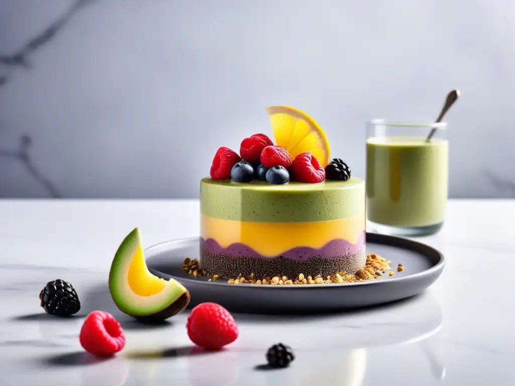 Exquisitos postres veganos sin horno fáciles en mármol, con mousse de aguacate, panna cotta de coco y chía con limón