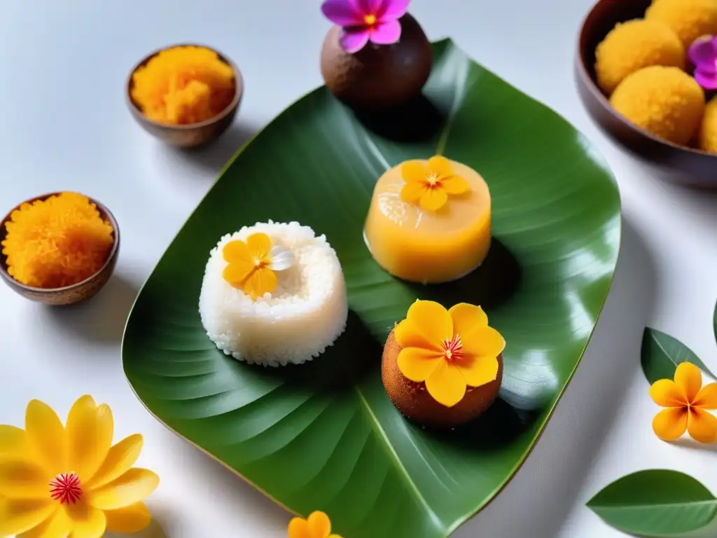 Exquisitos postres veganos del Sudeste Asiático con mango, pandan, agar-agar y bolas de batata, presentados en bandejas de hoja de plátano