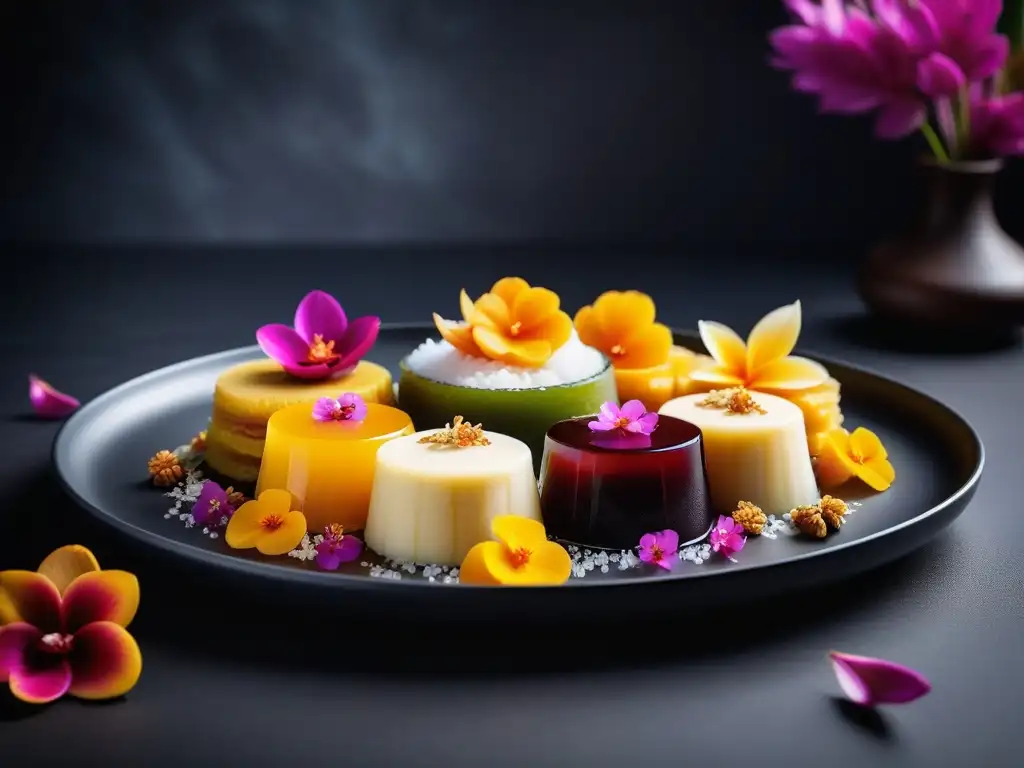 Exquisitos postres veganos del Sudeste Asiático en presentación elegante y colorida