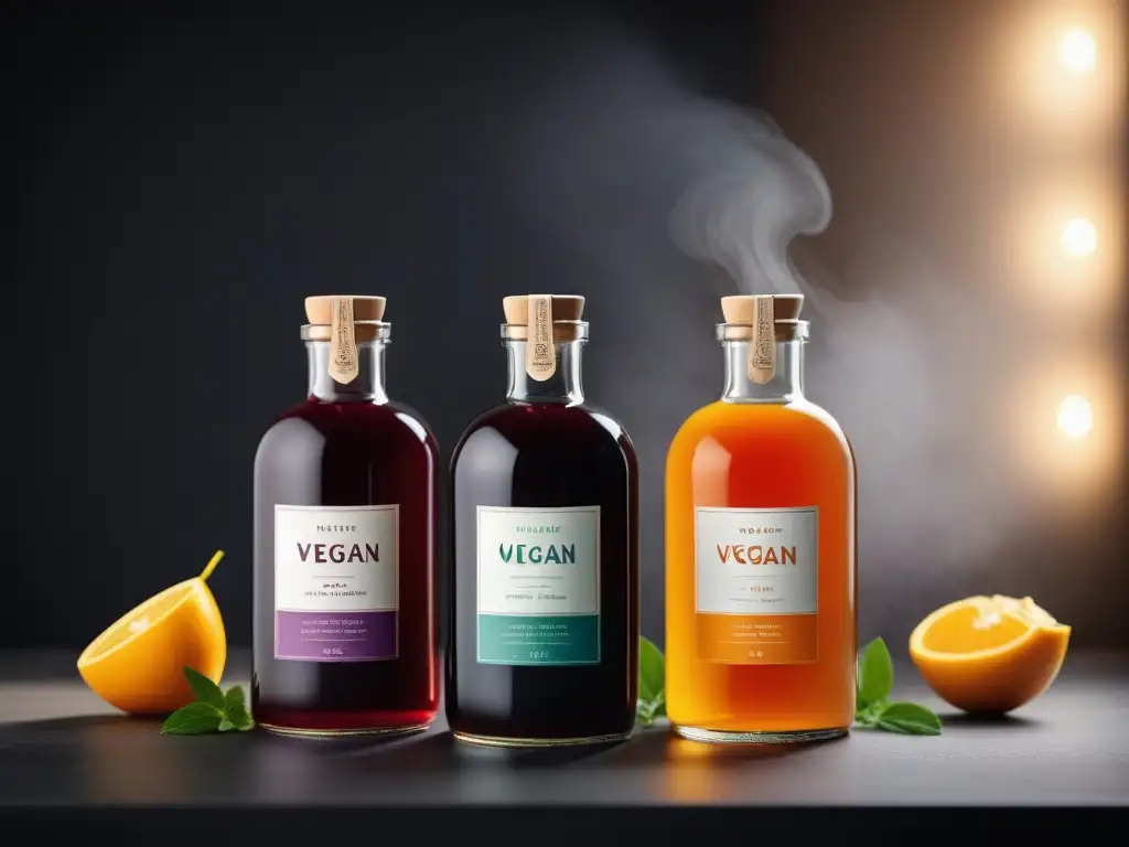 Exquisitos siropes naturales veganos saludables en elegantes botellas de vidrio en una cocina minimalista luminosa