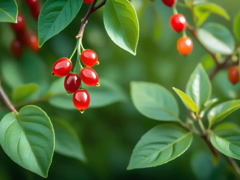Un exuberante arbusto de bayas de goji con frutos maduros y gotas de rocío, iluminado por el cálido sol