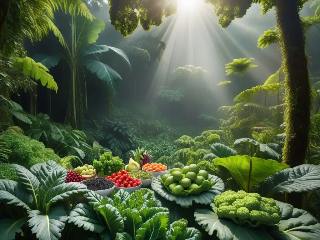 Un exuberante bosque tropical lleno de superalimentos veganos, transmitiendo armonía con el medio ambiente