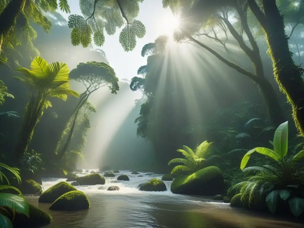 Un exuberante bosque tropical con vida silvestre variada reflejada en un río, resaltando la importancia del impacto del veganismo en el cambio climático