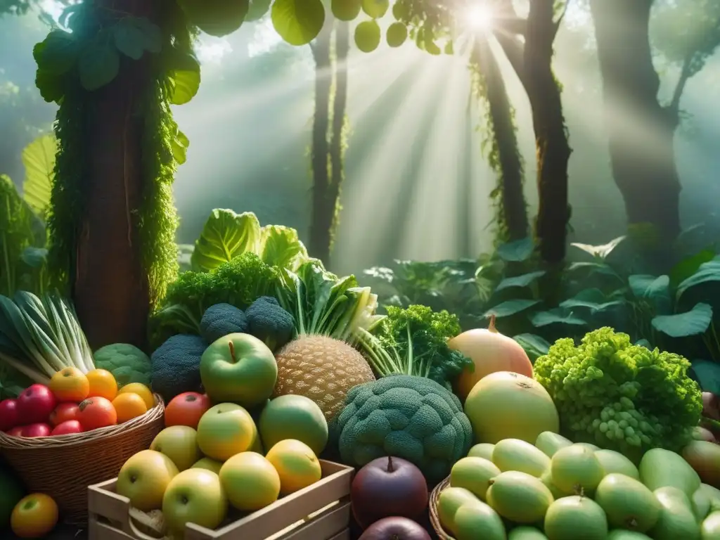 Bosque de frutas y verduras vibrantes: abundancia vegana en 8k Un exuberante bosque verde con una variedad de frutas y verduras vibrantes