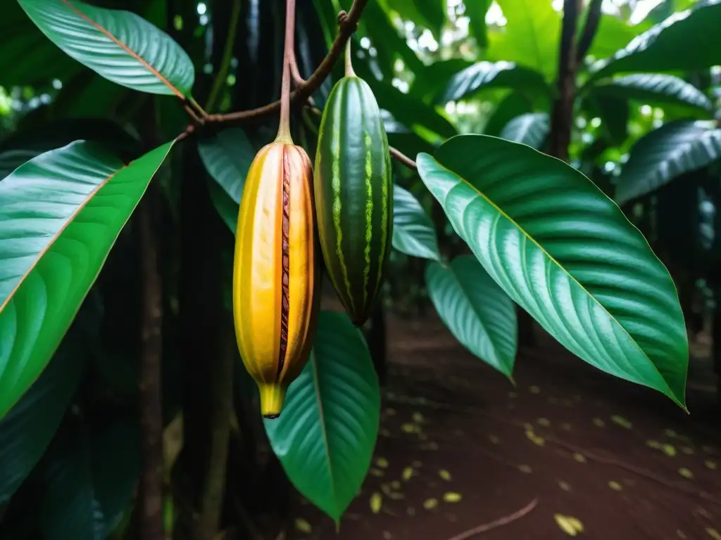 Un exuberante cacao maduro colgando de un árbol en una plantación vibrante