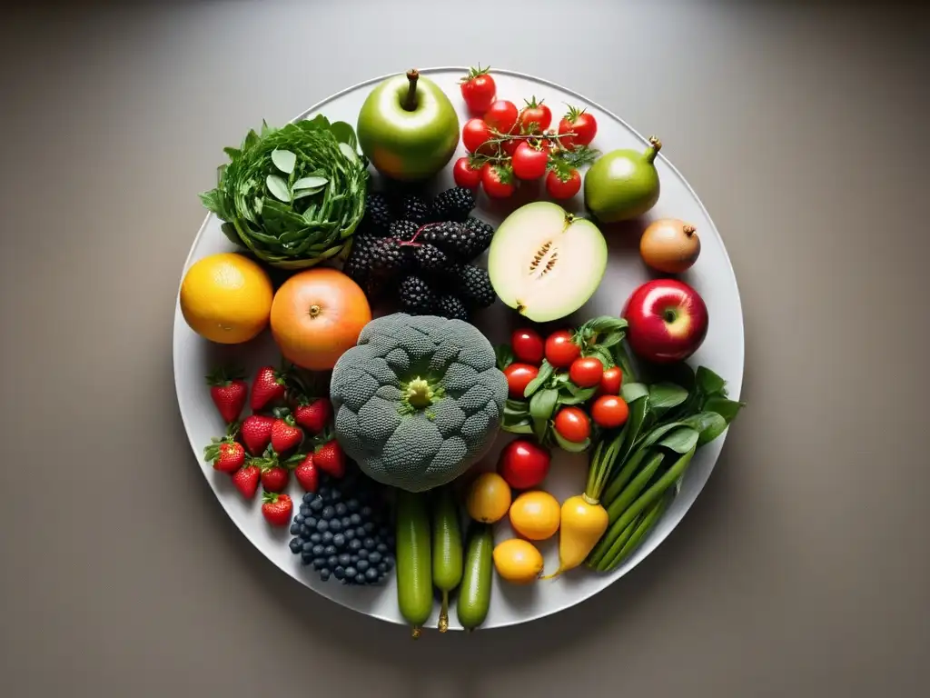 Una exuberante y colorida selección de frutas y verduras frescas, dispuestas en un patrón circular en una encimera de cocina moderna