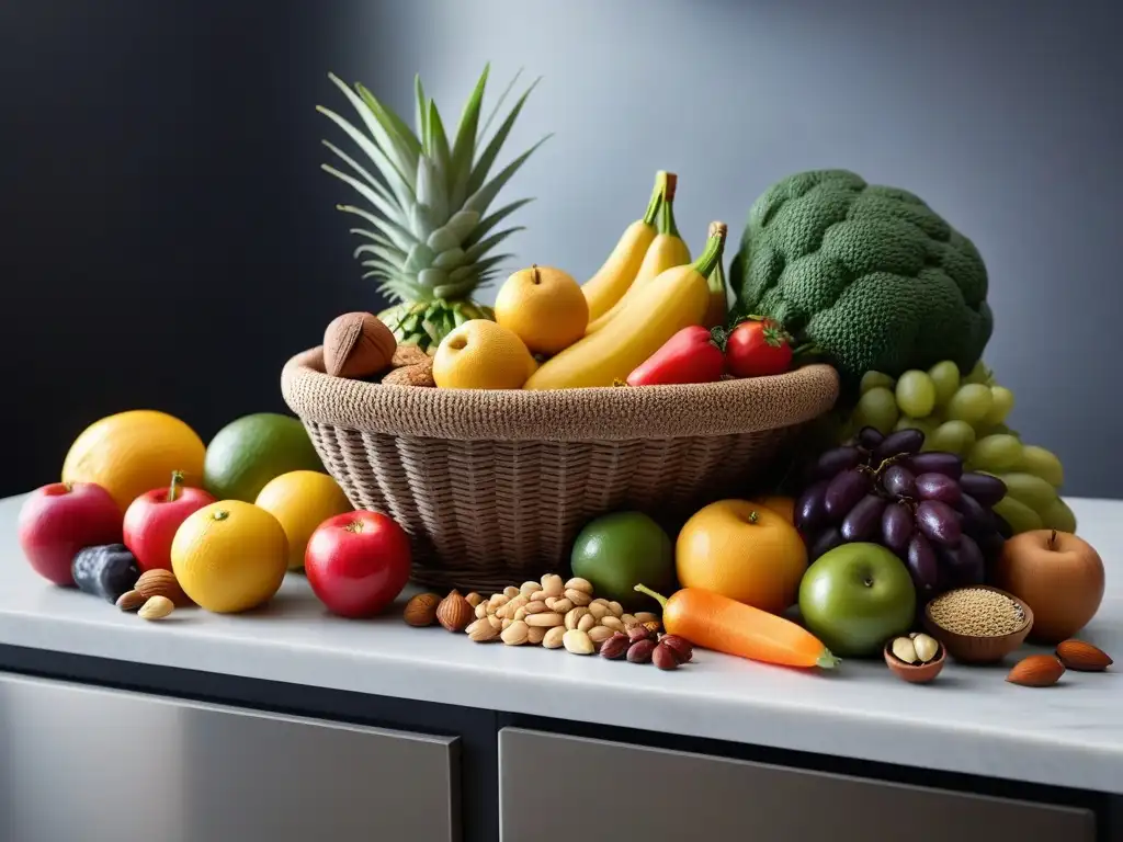 Una exuberante y colorida variedad de frutas, verduras, frutos secos y semillas caen de una cesta sobre una encimera de cocina moderna