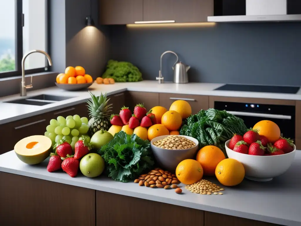 Una exuberante y colorida variedad de frutas, verduras, frutos secos y semillas frescos en una cocina moderna