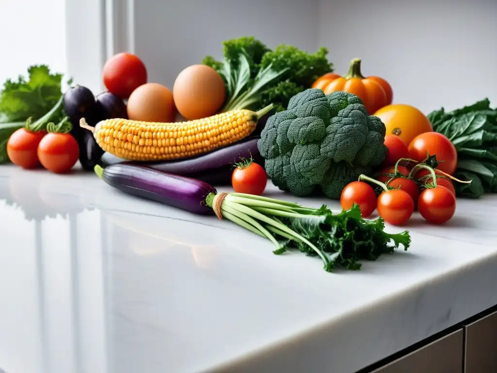 Una exuberante y colorida variedad de vegetales y frutas sobre mármol blanco, irradiando frescura y belleza