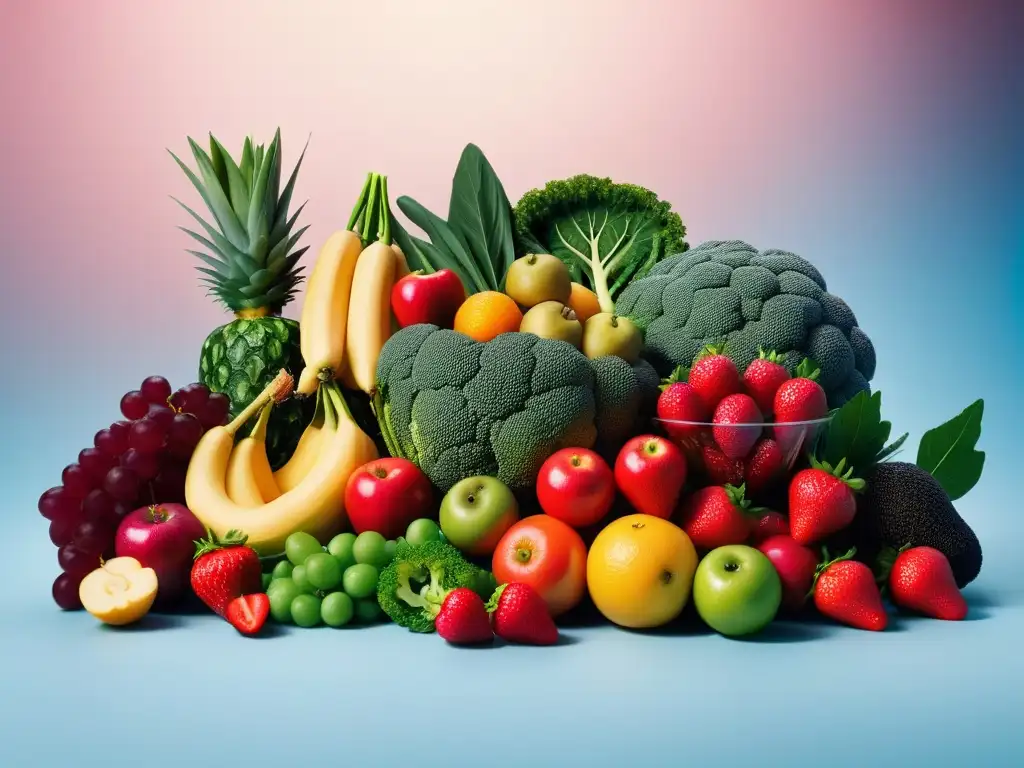 Una exuberante composición de frutas y verduras coloridas que inspira frescura y abundancia, ideal para nutrición durante embarazo vegano