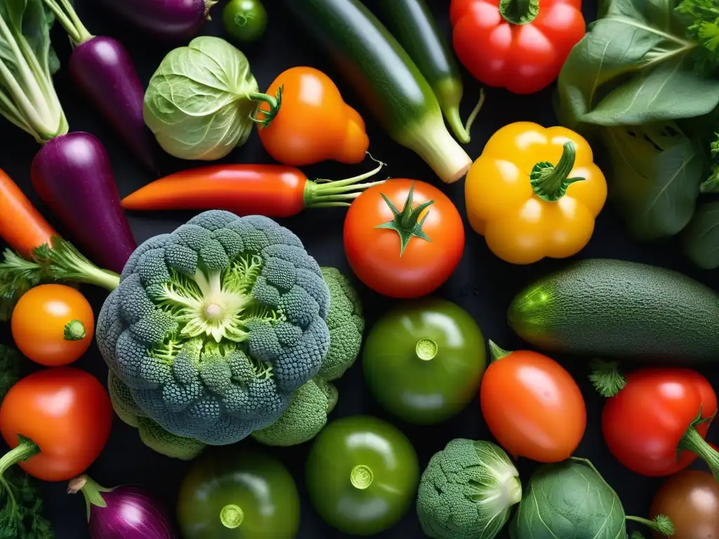 Una exuberante cosecha de verduras frescas del huerto, con colores vibrantes y texturas variadas bajo la luz del sol