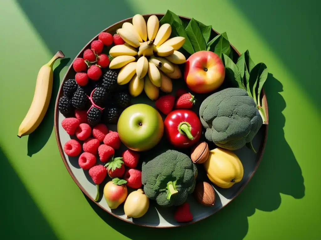 Una exuberante y detallada composición de frutas y verduras coloridas, dispuestas de forma apetitosa en un plato moderno