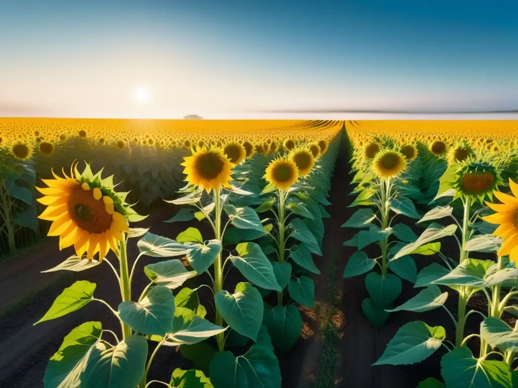 Una exuberante y detallada imagen de un campo de girasoles bañado por el sol, simbolizando las vitaminas esenciales de la dieta vegana