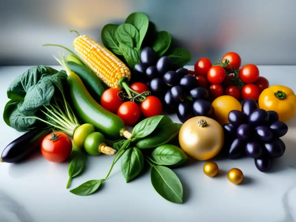 Una exuberante y detallada imagen 8k de frutas y verduras coloridas, frescas y brillantes en una cocina moderna