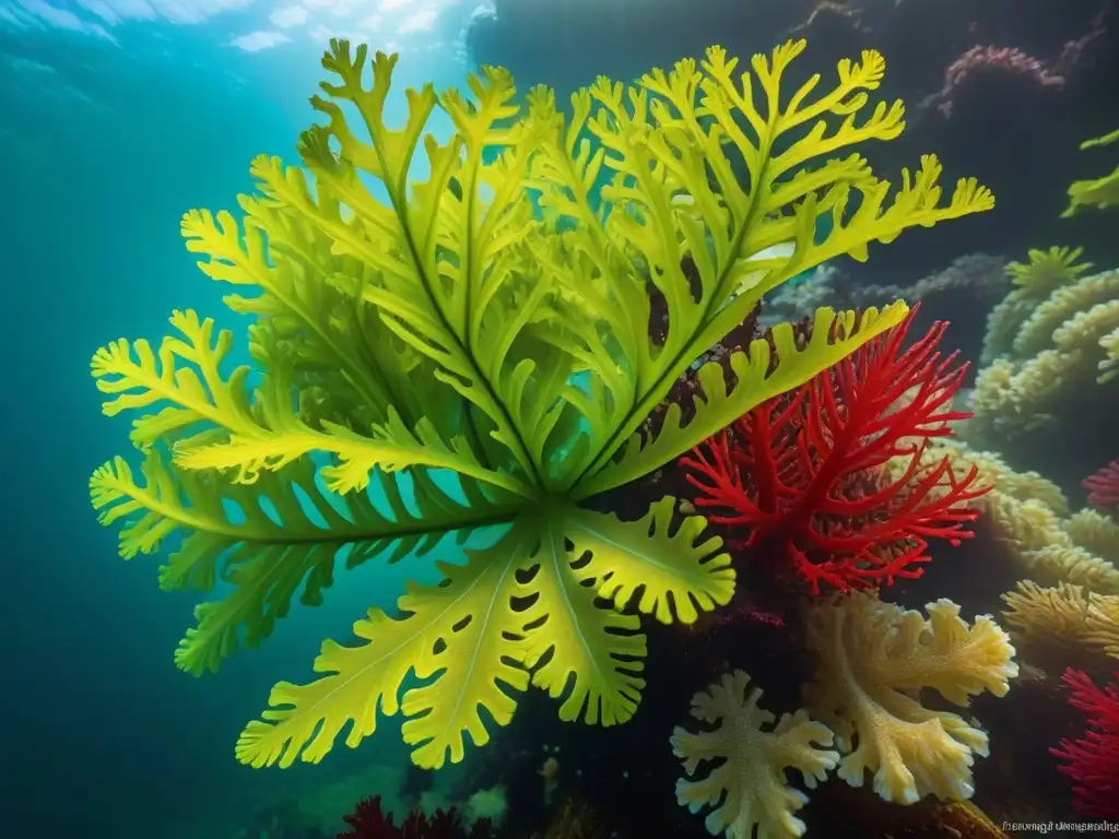 Un exuberante y detallado close-up de algas de colores vibrantes bajo el agua