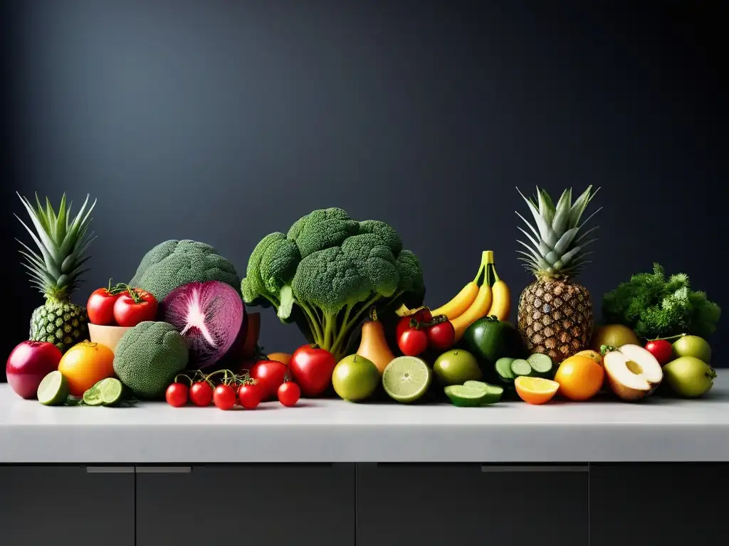 Una exuberante exhibición de frutas y verduras exóticas en una cocina minimalista