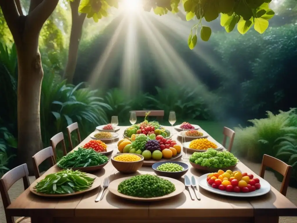 Un jardín exuberante con frutas y verduras coloridas, rodeado de árboles altos