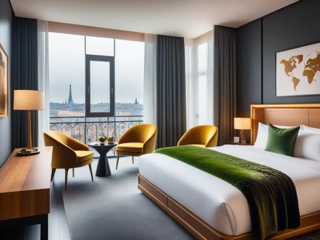 Habitación de hotel de lujo con decoración vegana elegante en Europa Exuberante habitación de hotel vegano en Europa con decoración elegante y gastronomía vegana gourmet
