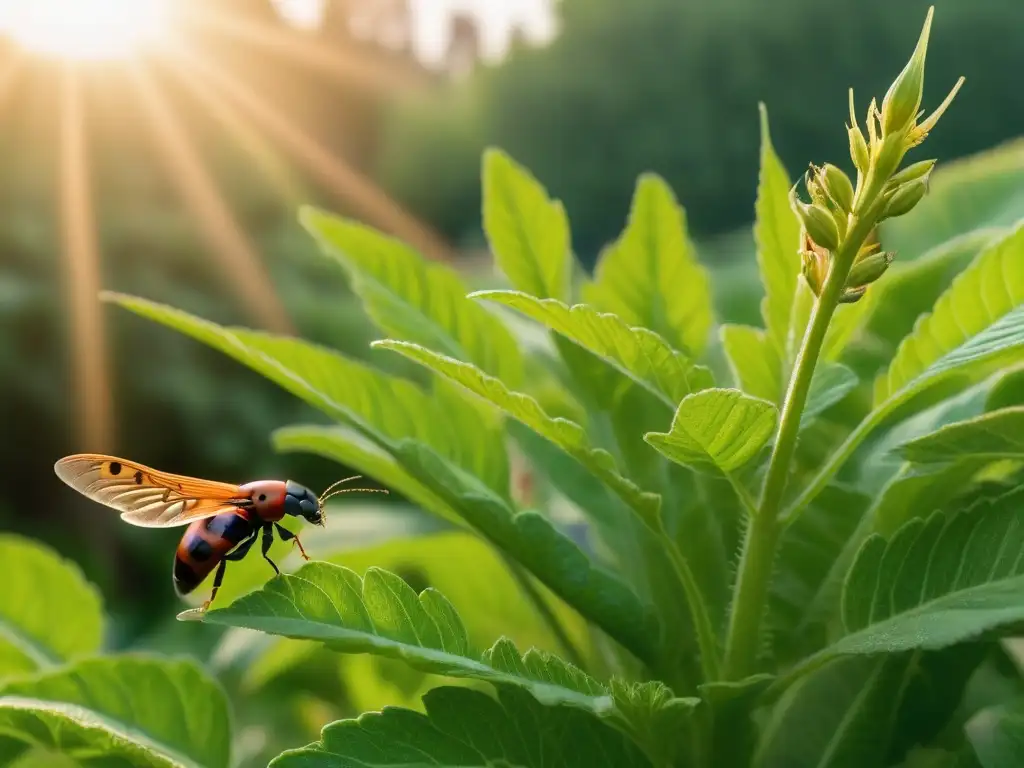 Un exuberante huerto vegano con plagas naturales controlando insectos, bajo cálido sol dorado