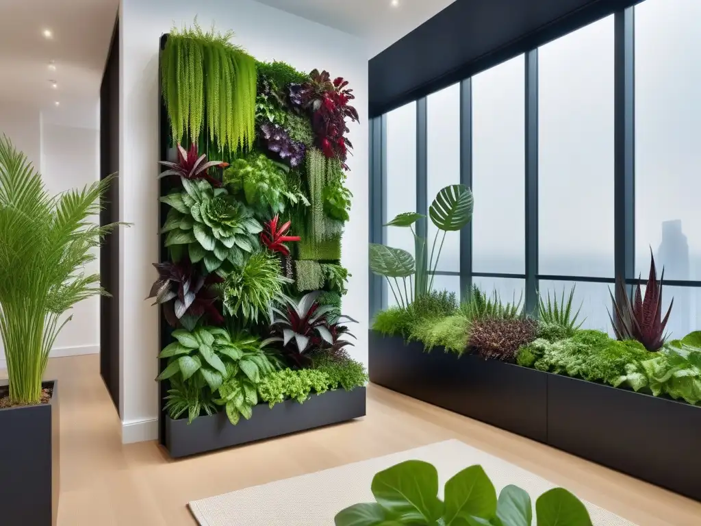 Un exuberante huerto vertical para apartamentos veganos, integrando naturaleza en un espacio moderno y luminoso