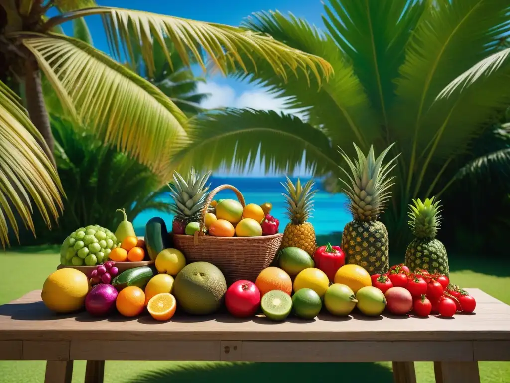 Una exuberante imagen de frutas y verduras tropicales frescas sobre una mesa de madera rústica, con palmeras verdes y un océano azul de fondo