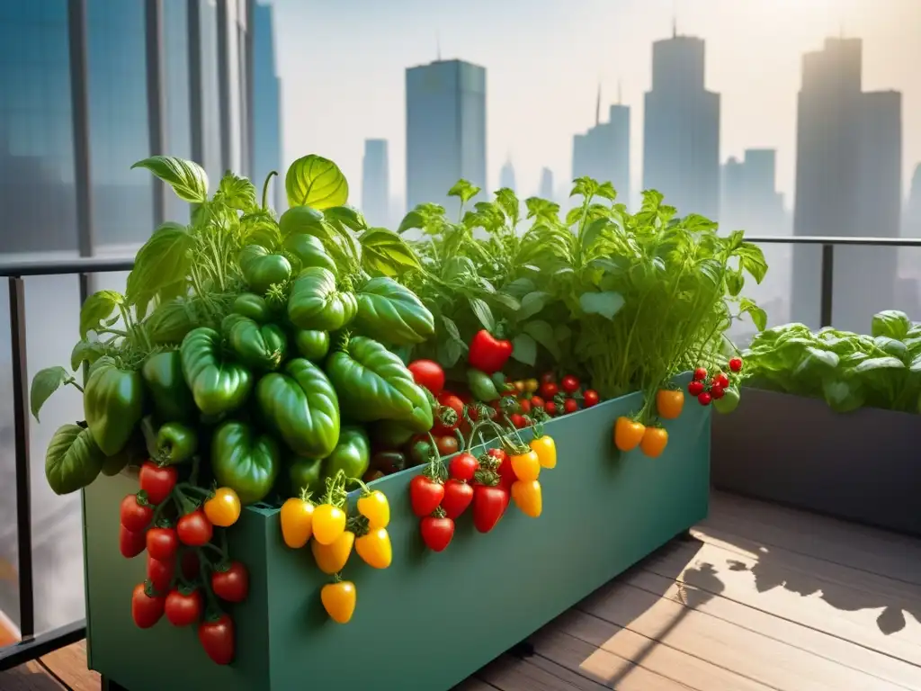 Un exuberante jardín de balcón con ingredientes veganos cultivados, creando un oasis verde en la ciudad