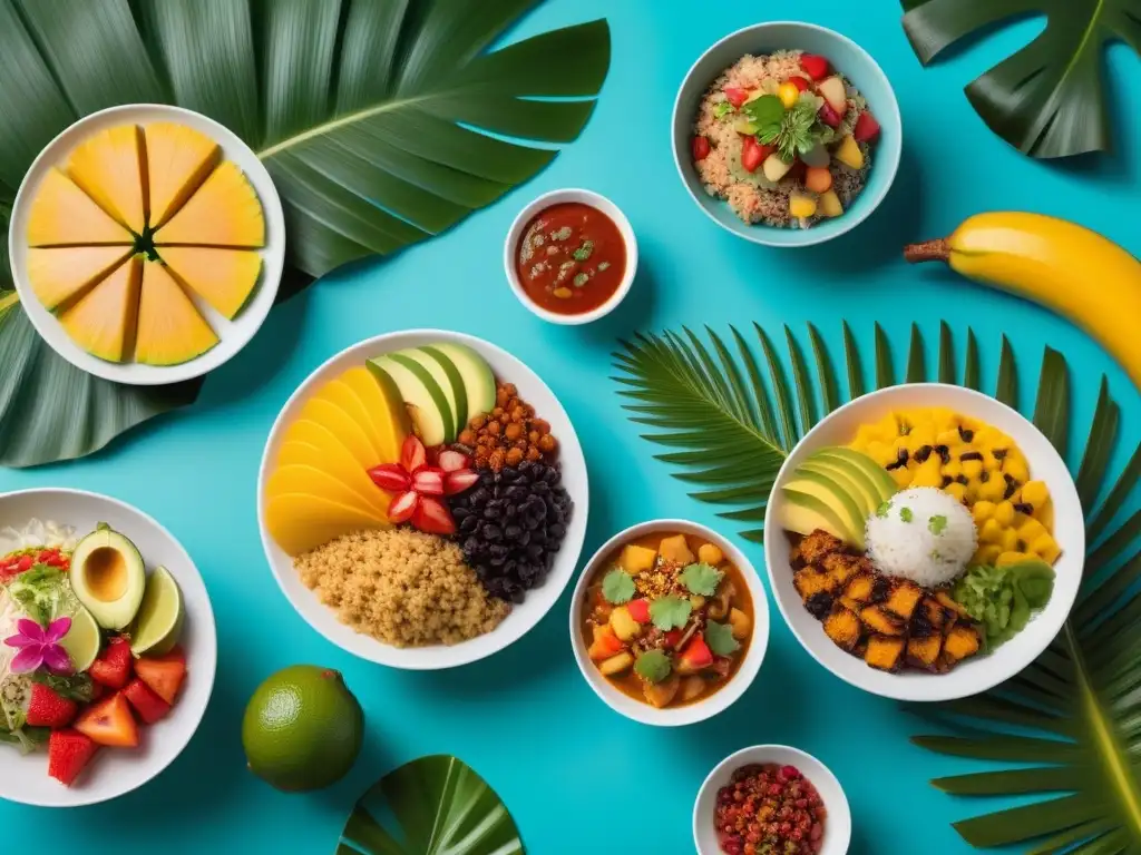 Delicias veganas de Oceanía: sabores exóticos en un festín tropical Una exuberante muestra de platos veganos de la cocina oceánica con frutas tropicales y bowls de poke, curris de coco y tacos de jackfruit