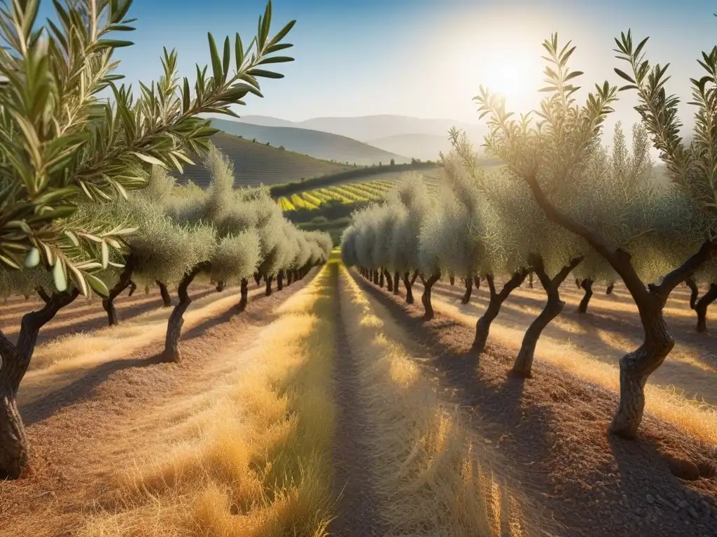 Un exuberante olivar mediterráneo al atardecer, con olivos cargados de aceitunas maduras bajo el sol, ideal para 'Mejores aceites oliva cocina vegana'