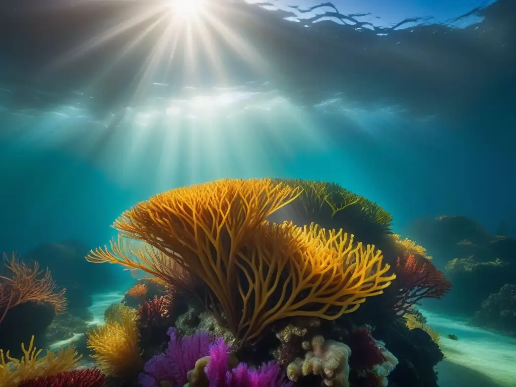 Un exuberante paisaje marino repleto de algas coloridas, iluminado por los rayos del sol