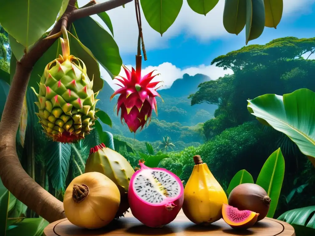 Una exuberante selva tropical en Oceanía, llena de superalimentos veganos coloridos como pitahaya y mangostán