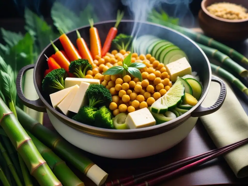 Un exuberante vaporoso bamboo con verduras exóticas y tofu, en bosque verde, mostrando la belleza de recetas veganas al vapor exóticas