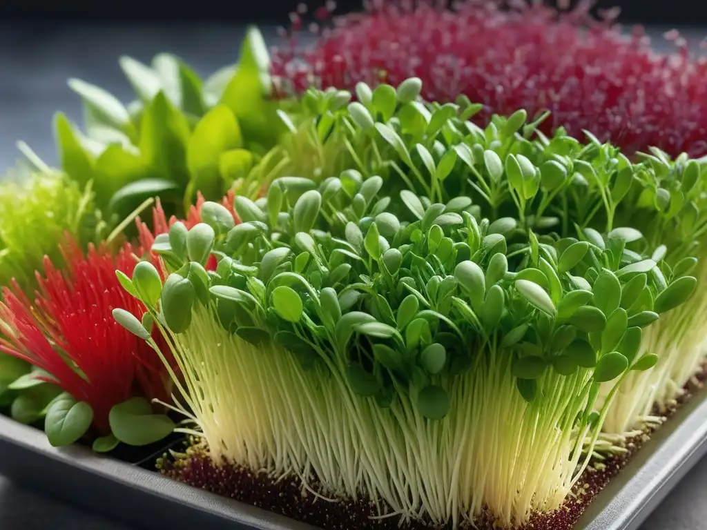 Una exuberante variedad de brotes recién germinados en casa, como alfalfa, albahaca, rábano y brócoli, resplandeciendo con frescura y vitalidad