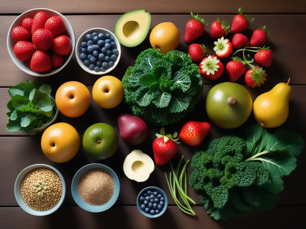 Una exuberante variedad de frutas, vegetales y frutos secos en una mesa de madera