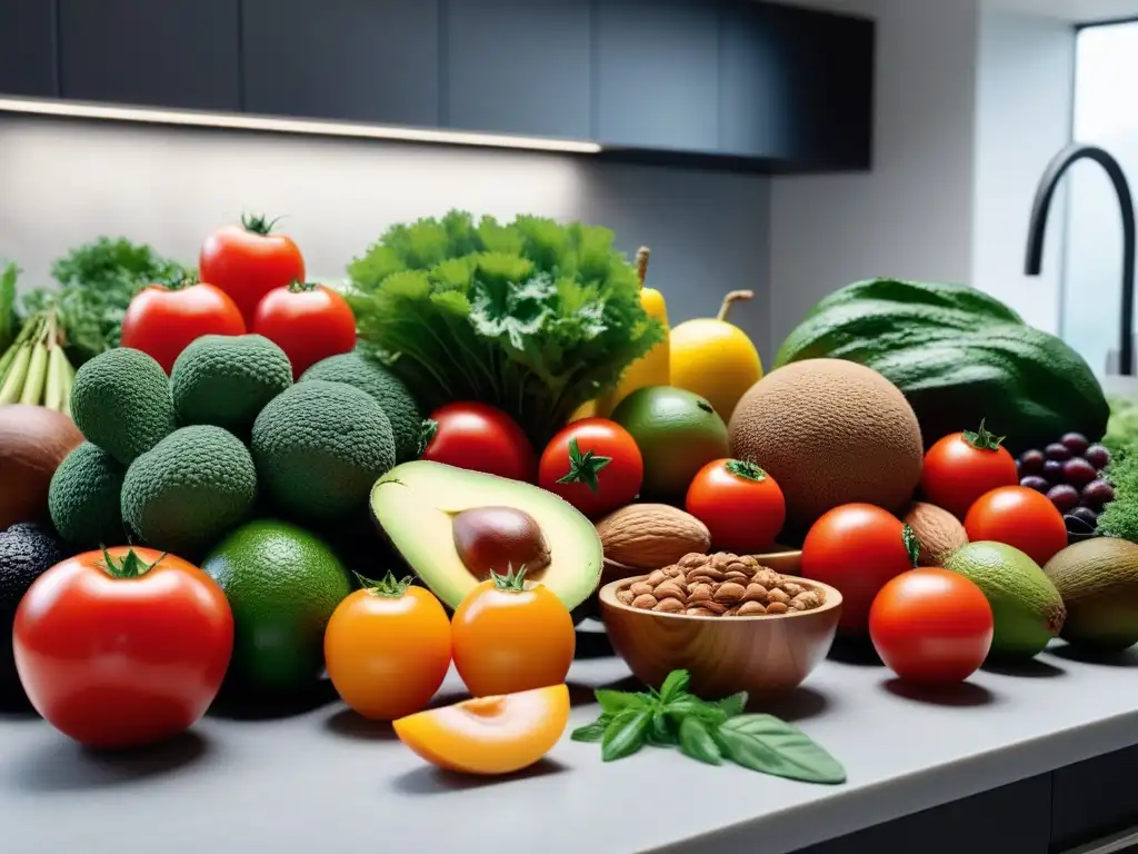 Una exuberante variedad de frutas, verduras, frutos secos y semillas en una cocina moderna