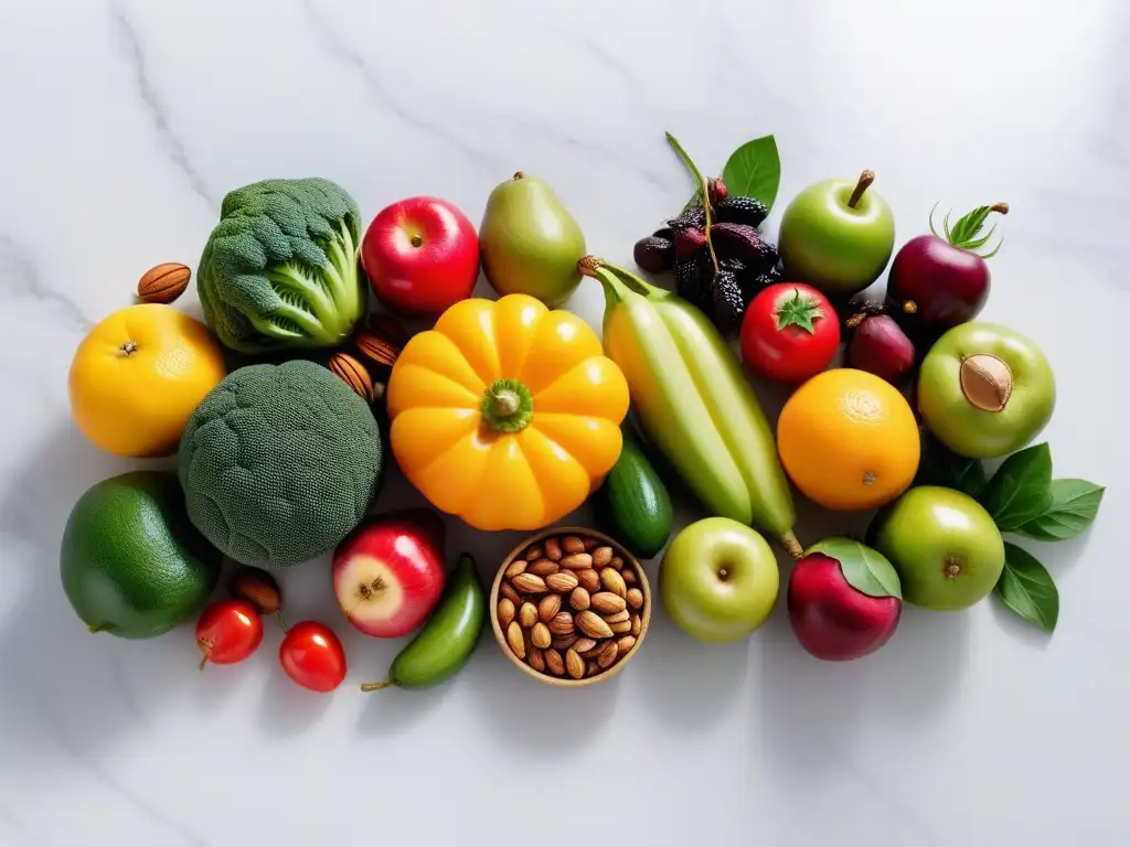 Una exuberante variedad de frutas, verduras y frutos secos en una encimera de mármol blanco, iluminados por luz natural