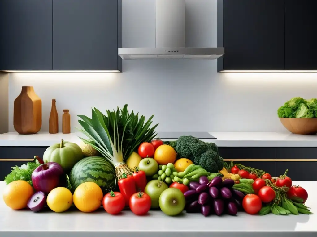 Una exuberante variedad de frutas y verduras frescas en una cocina moderna, resaltando la nutrición vegana holística