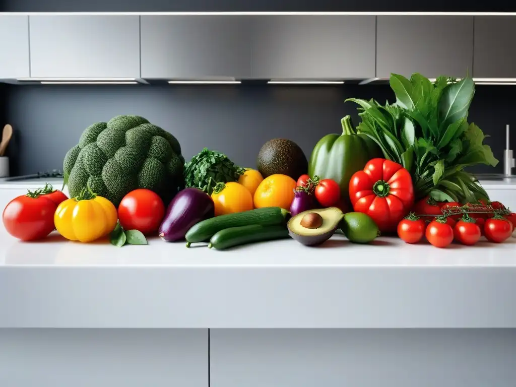 Una exuberante variedad de frutas y verduras frescas en una cocina moderna