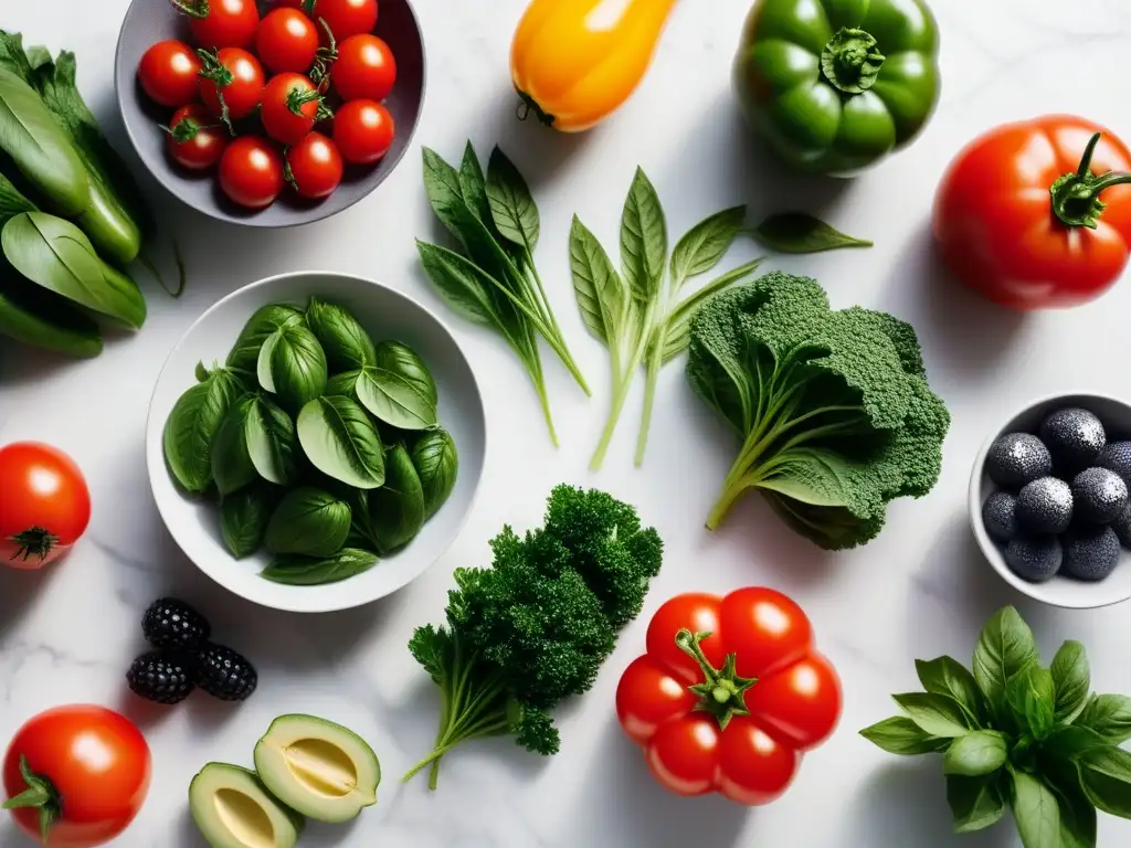 Una exuberante variedad de frutas y verduras frescas sobre una encimera de mármol blanco, mostrando la abundancia de ingredientes vegetales