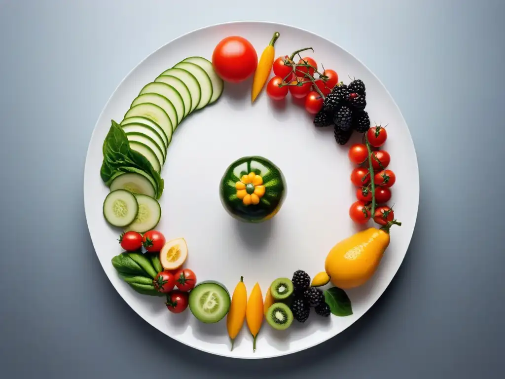 Una exuberante variedad de frutas y verduras en un plato blanco moderno, con detalles vibrantes y colores intensos