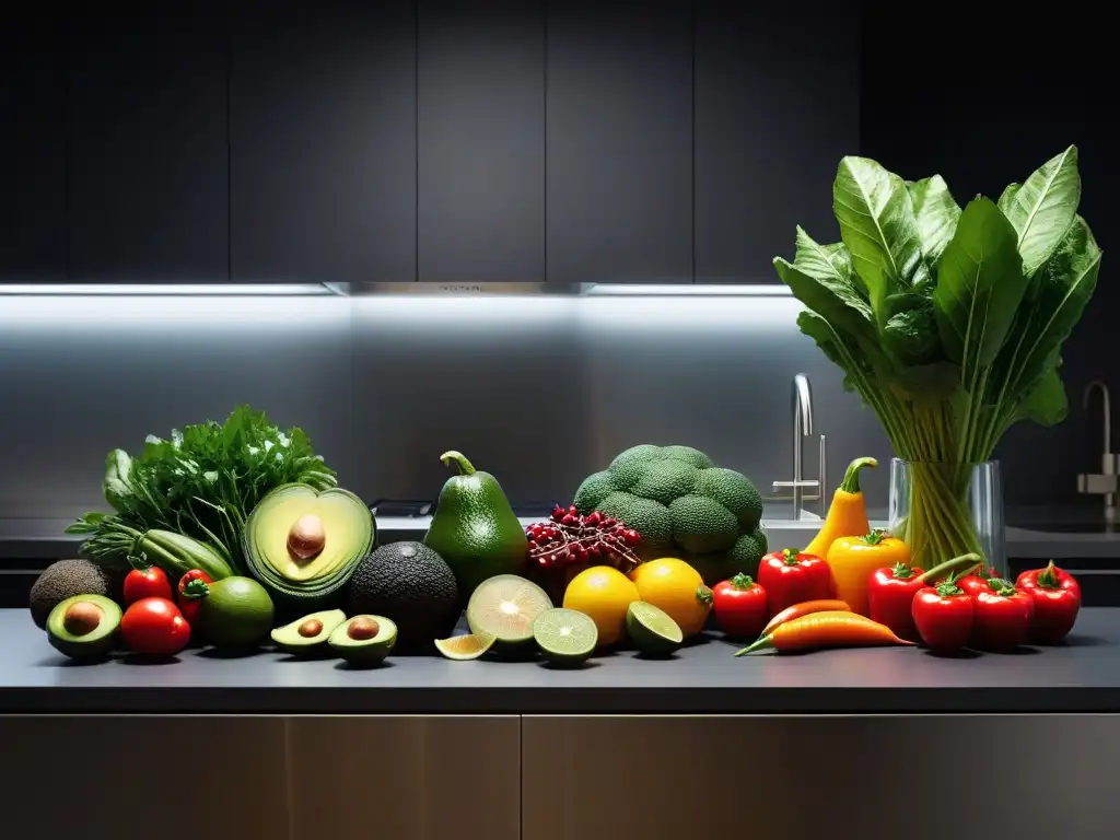 Una exuberante variedad de frutas y verduras coloridas en una cocina moderna