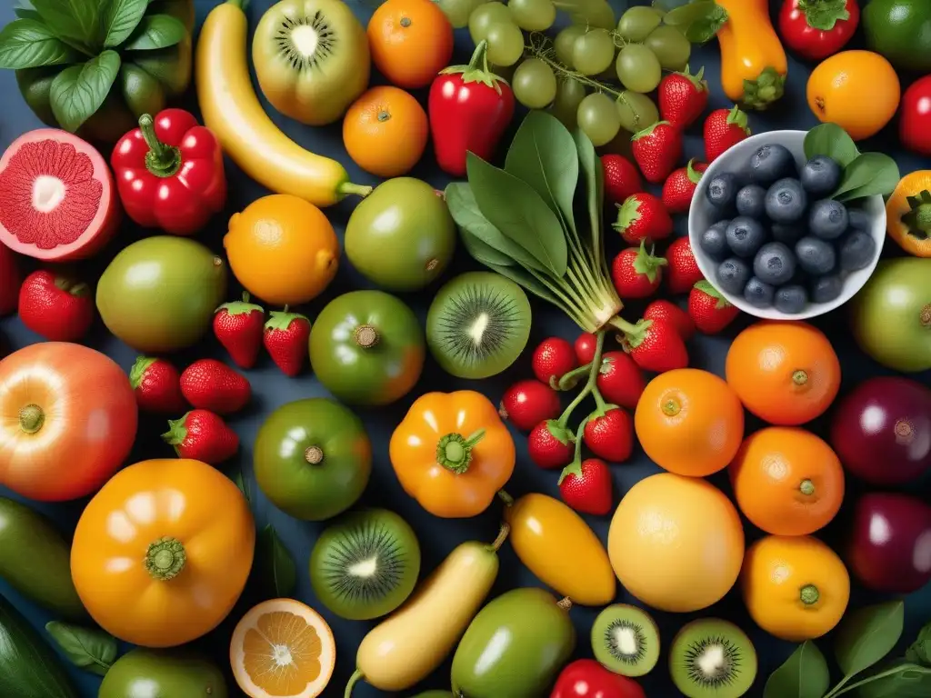 Una exuberante variedad de frutas y verduras vibrantes, resaltando los beneficios fitonutrientes de los alimentos veganos