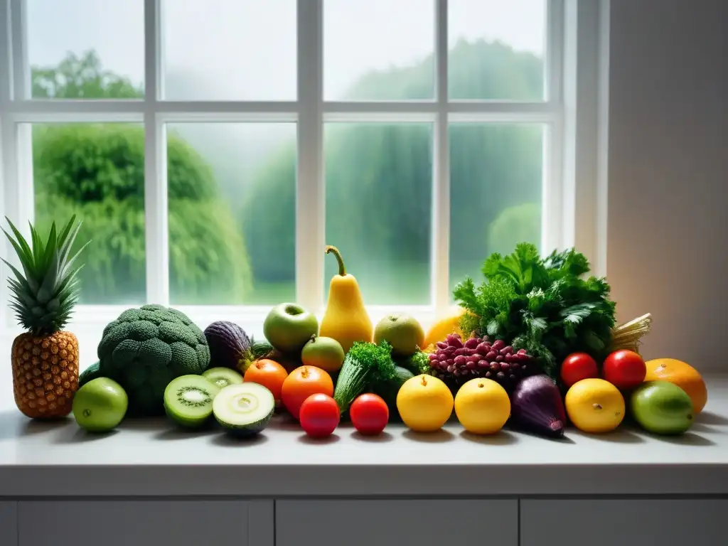 Una exuberante variedad de frutas y verduras frescas en una cocina moderna, iluminada por luz natural