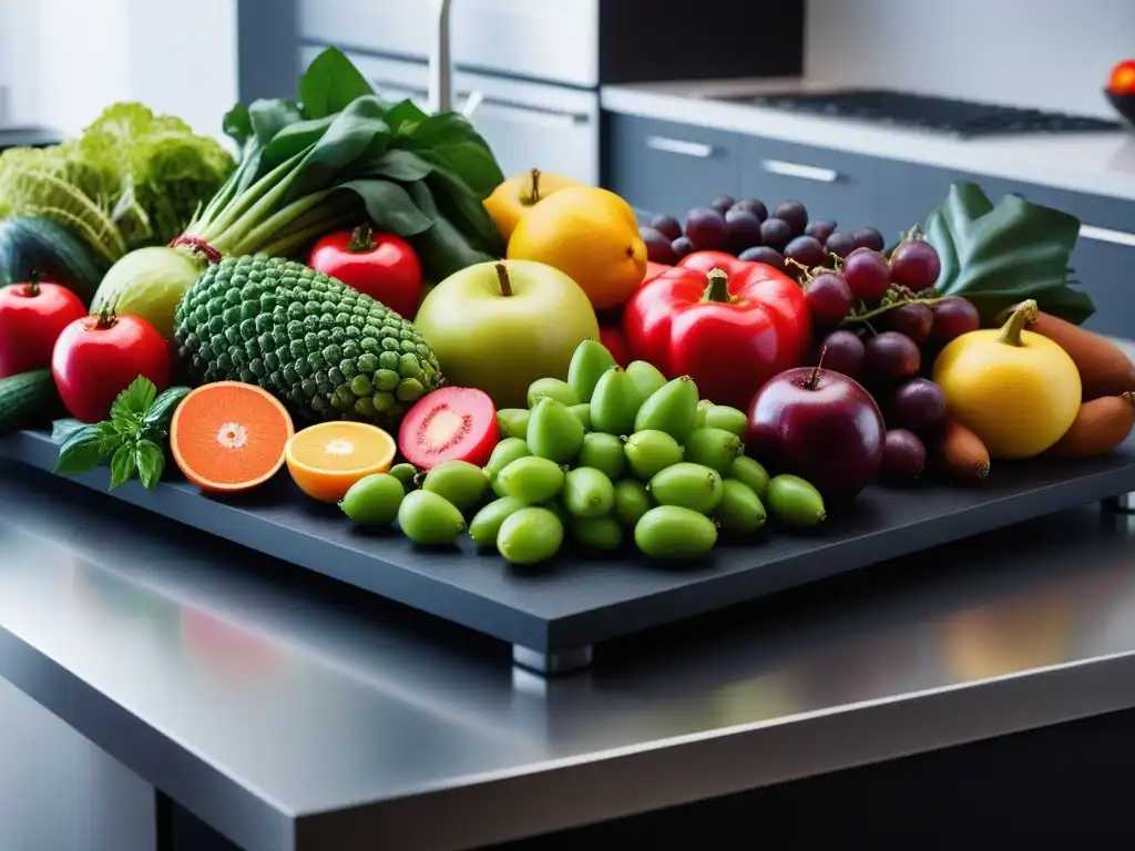 Una exuberante variedad de frutas y verduras en una cocina moderna con iluminación natural, transmitiendo frescura y vitalidad