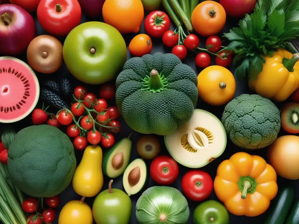 Una exuberante variedad de frutas y verduras coloridas y vibrantes, resaltando la belleza de los alimentos vegetales