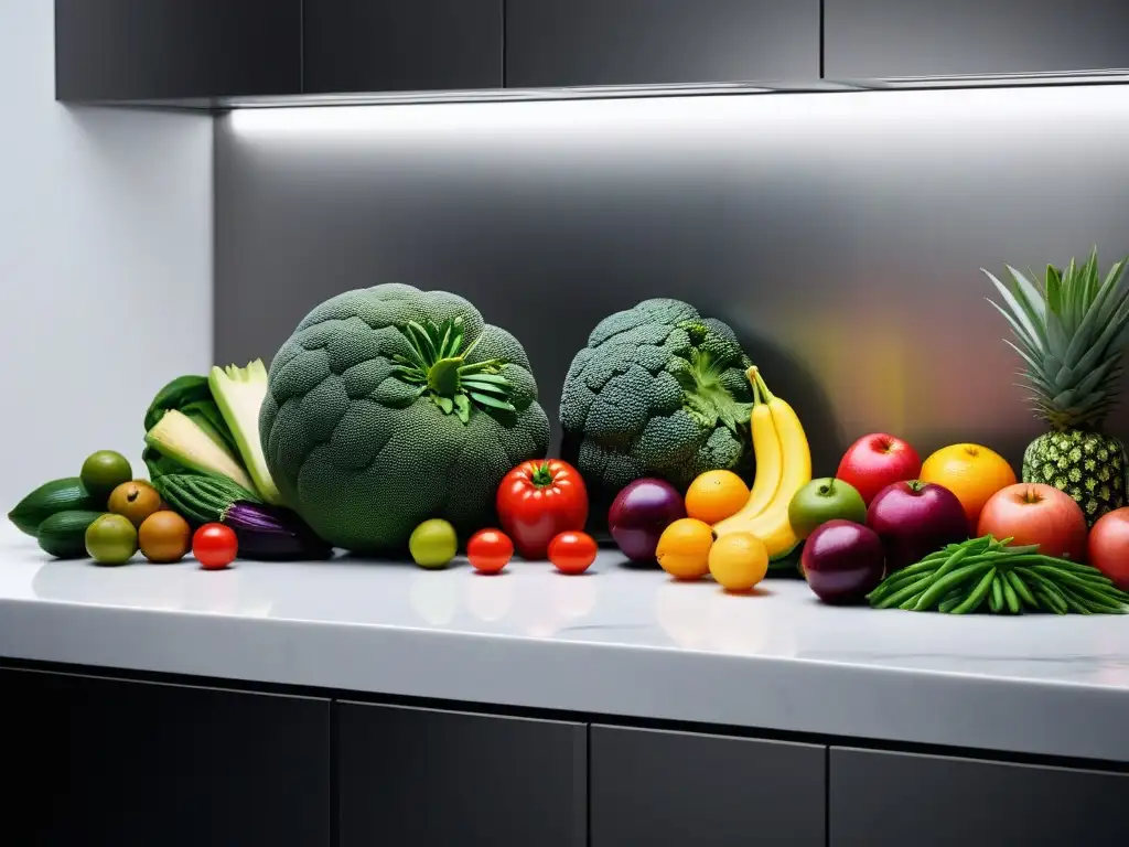 Una exuberante variedad de frutas y verduras frescas en una cocina moderna