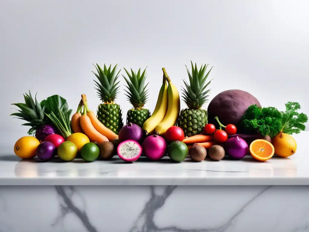 Una exuberante variedad de frutas y verduras exóticas, coloridas y frescas en una encimera de mármol blanco