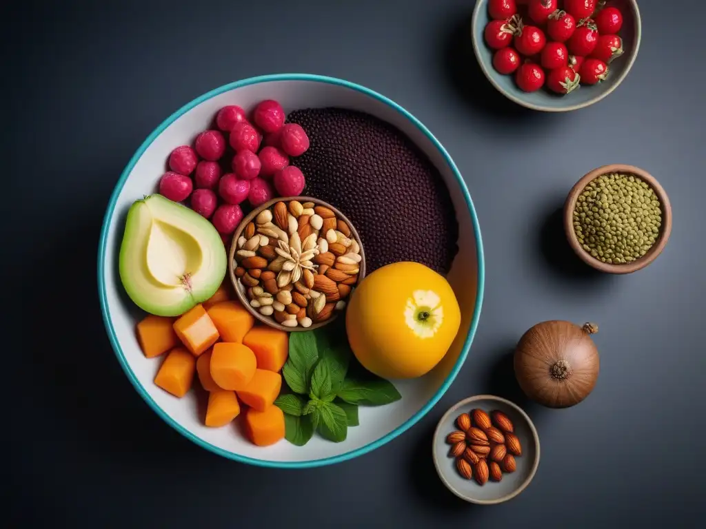 Una exuberante variedad de frutas, verduras, legumbres, frutos secos y semillas en un moderno y elegante bol